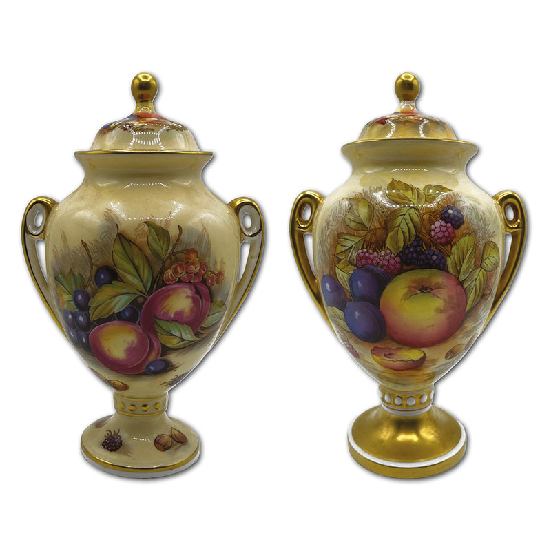 Pair of Aynsley Orchard Gold Fruit Urn Vases with Lid_CXG1150