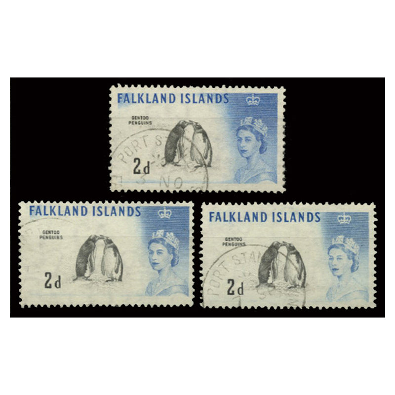 Fakland Islands 1960-66 2d Penguins, both printings + weak entry variety, all fine cds used. SG195+a_FALK0195U3