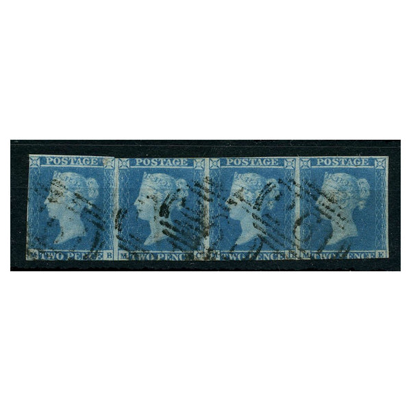 GB 1841-51 2d Blue, horiz strip of 4, near 2 margins, fine used with 1844 cancels in black. SG14h_GB0014HU4