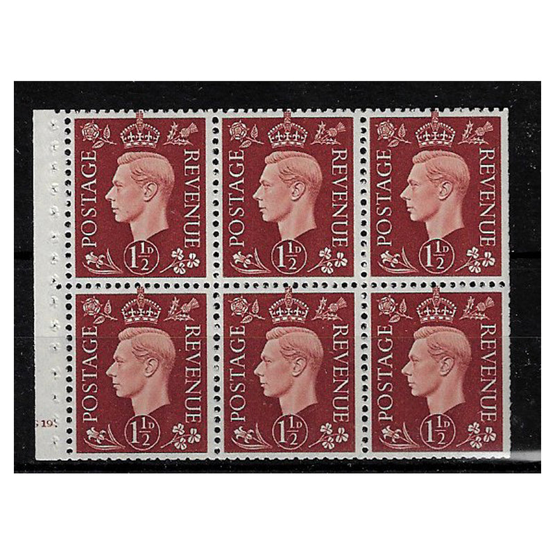 GB 1937-47 1-1/2d Red-brown, 'G19' cylinder block of 6, some per trim, u/m. SG464c, QB21_GB0464CM6A