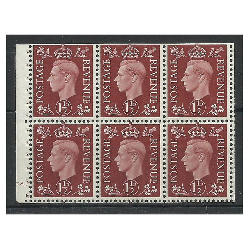 GB 1937-47 1-1/2d Red-brown, cylinder G8, dot or no dot, block of 6, trimmed at right. SG464, QB21_GB0464M6A