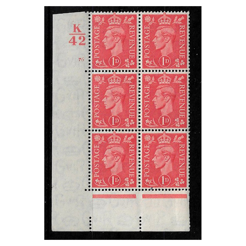 GB 1941-42 1d Pale-scarlet, cylinder block of 6 (our choice), mtd mint. SG486_GB0486MM6