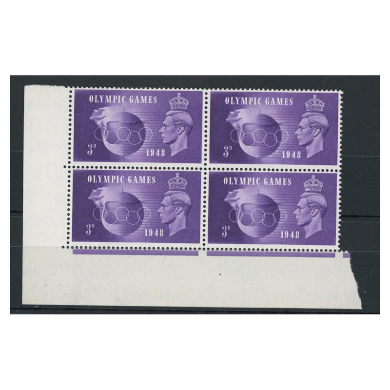 GB 1948 3d Olympics, positional block of 4 containing 'crown flaw,' u/m. SG496+a_GB0496AM4