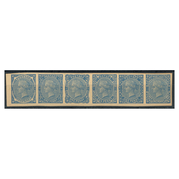 GB 1879 Perkins Bacon Tender Essay strip of 6, mtd mint._GBEY00PBMM6