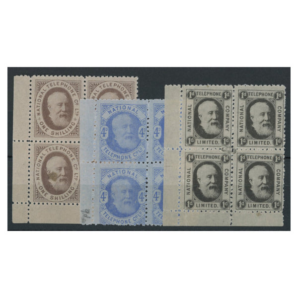 GB Ca. 1884-1900 3 Different mint telephone stamps, in marginal blocks of 4, u/m._GBLA1884M4