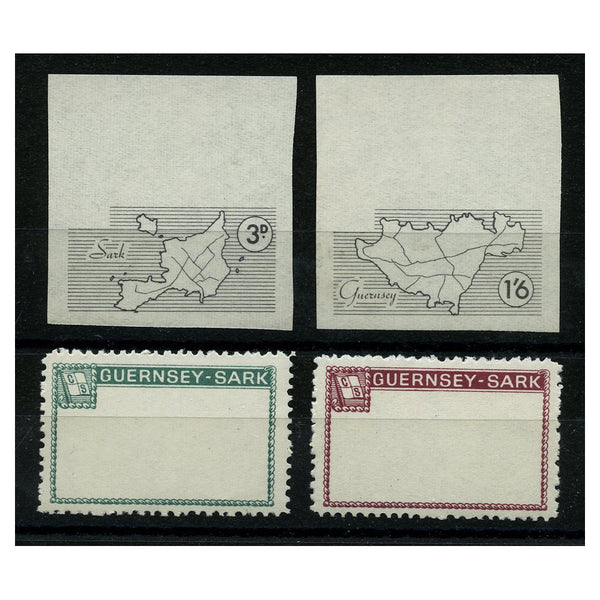 Sark 1965 3d, 1/6d Map defins, perf frame & imperf centre trials (unissued vals), gummed. SC61-ish_GBZSA0061MT