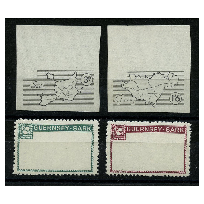 Sark 1965 3d, 1/6d Map defins, perf frame & imperf centre trials (unissued vals), gummed. SC61-ish_GBZSA0061MT