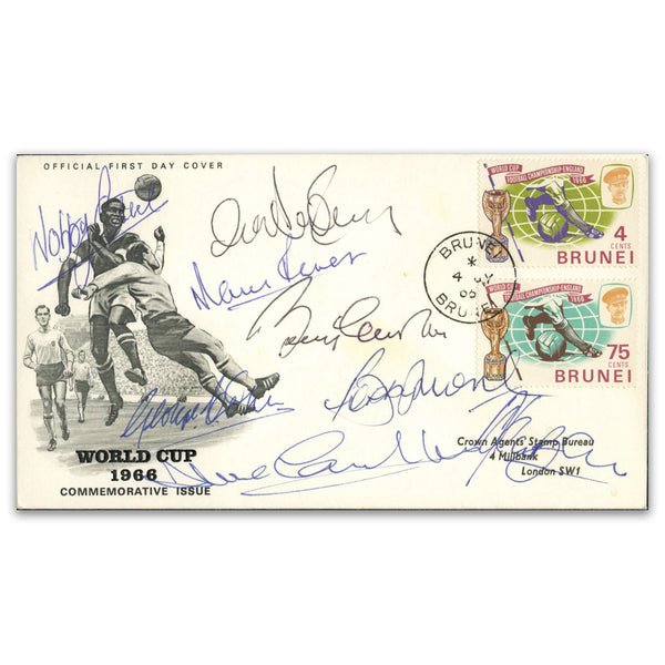 1966 Brunei. Sign Bobby Moore, Bobby & Jack Charlton, Ball, Peters, Cohen, Stiles & Stepney