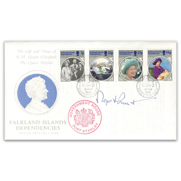 1985 Queen Elizabeth, The Queen Mother. Siged Rex Hunt. Govt Hse cachet_SIGP0228