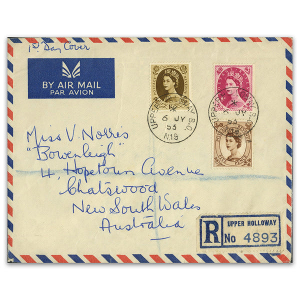 1953 5d, 8d, 1/- Wildings, CDS used on registered airmail FDC from Upper Holloway. SG522, 525, 529_TX5307D