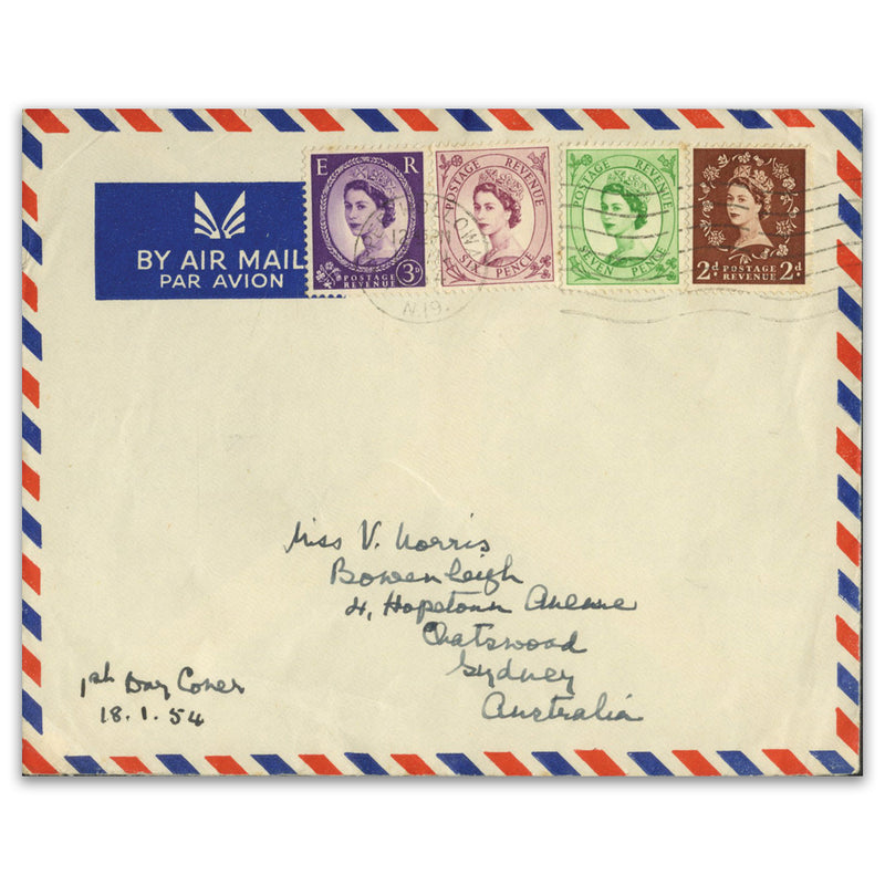 1954 3d, 6d, 7d (FD) & 2d (not FD) Wildings used on airmail FDC from Upper Holloway. SG520 & 523-24_TX5401E