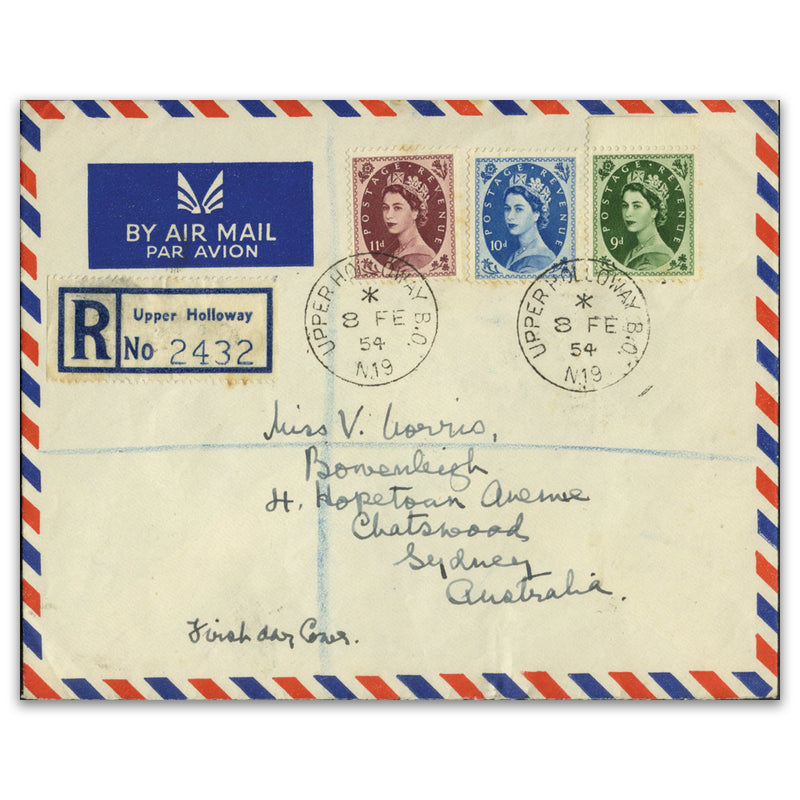 1954 9d-11d Wildings, CDS used on addressed, registered airmail FDC from Upper Holloway. SG526-28_TX5402D