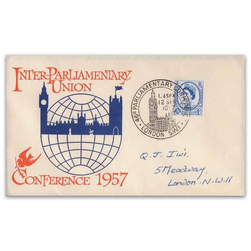 1957 Inter-Parliamentary Union Conf illustrateed FDC, hand-written address. SG560_TX5709H