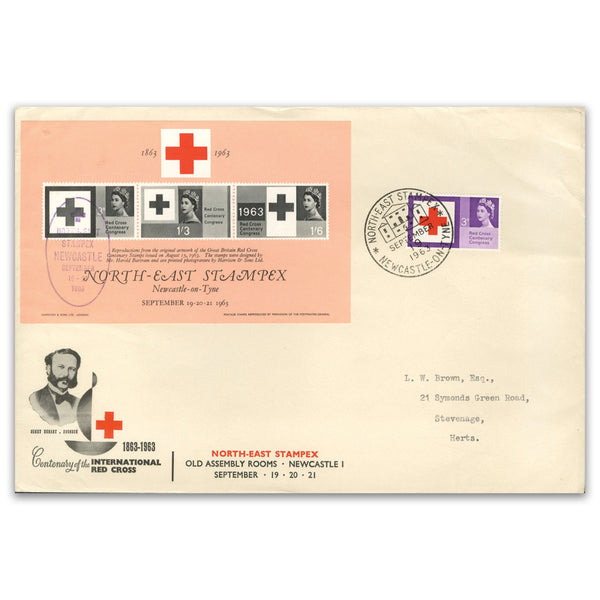 1963 Red Cross. N.E. Stampex. Repro Advert Label. 3d Red Cross with N.E.Stampex Show h/s