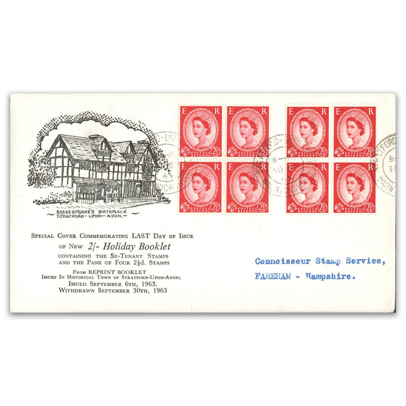 1963 2-1/2d Holiday bklt panes x2, on last day of issue illustrated cover from Stratford-Upon-Avon._TX6309B