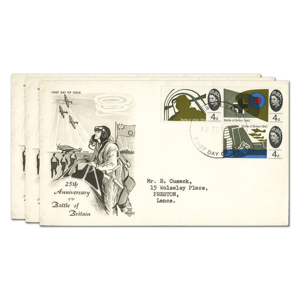 1965 Battle of Britain on 3 illustrated, typed address 'Stuart' FDCs, Preston FD cancels. SG671-78_TX6509AA