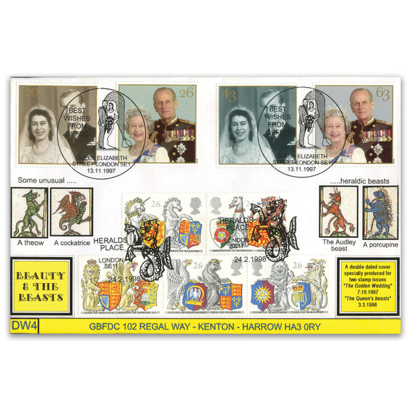 1997 Golden Wedding, Dbld 1998 Queens Beasts. GB Cover Double Official