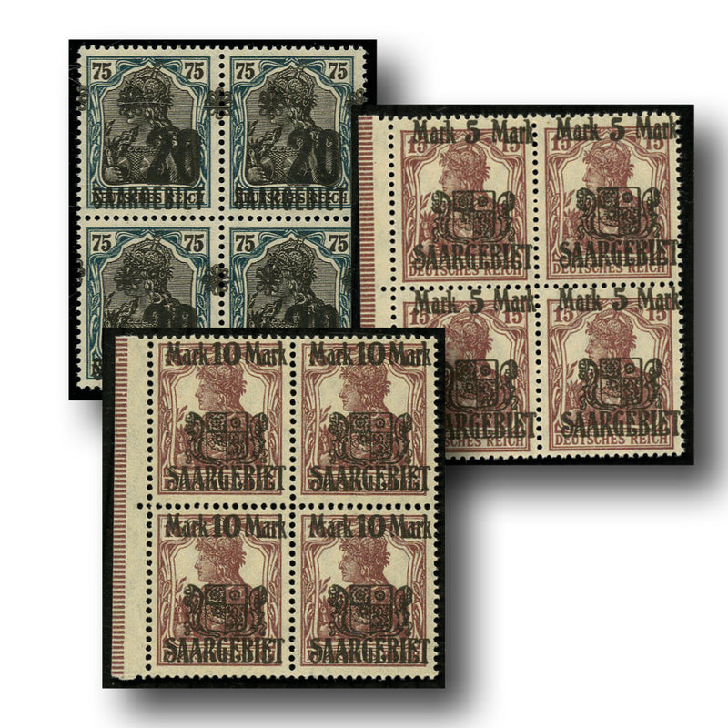 Saar S.G.50-52 1921 Surcharge set 3 blks of 4 u/m RRSAA0050-2