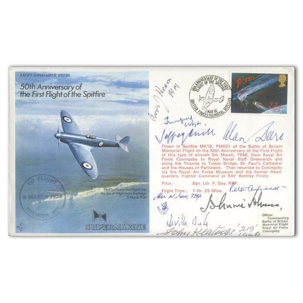 1986 50th Anniversary 1st Flight Spitfire - 9 Signatures Including 6 BoB Pilots SIGM0211