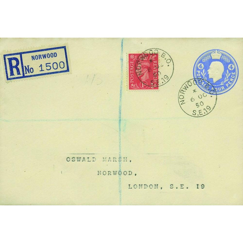 1950 4d Postal Stationary Norwood Registered Cover TX5010