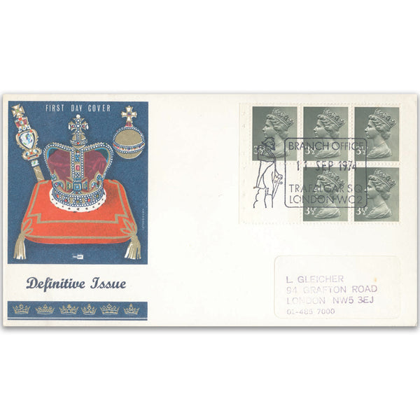 1974 35p booklet single pane - London WC2 handstamp TX7409