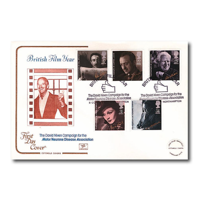 1985 Films - Cotswold Cover - David Niven, Motor Neurone Disease Association Handstamp TX8510B