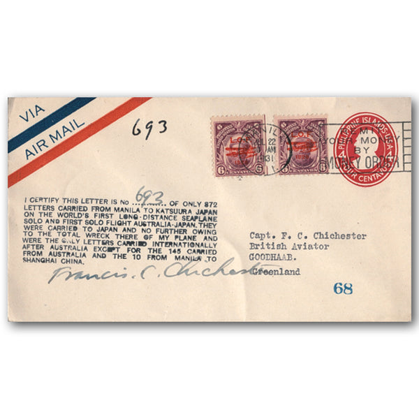 1931 Chichester Solo Flight - Signed & Addressed to Greenland WFFP31B