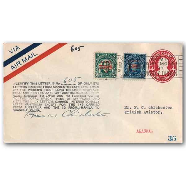 1931 Chichester Solo Flight - Signed & Addressed to Alaska WFFP31D